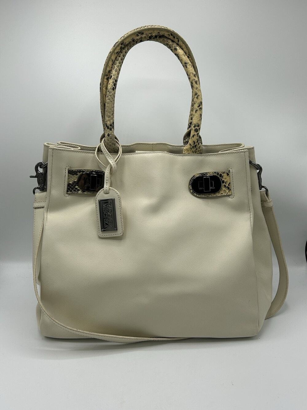 Badgley Mischka Large Saffiano Leather Tote Irene Snake Ivory Double Handles